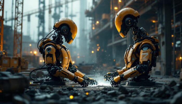 A photograph of a dynamic construction site showcasing industrial robots in action