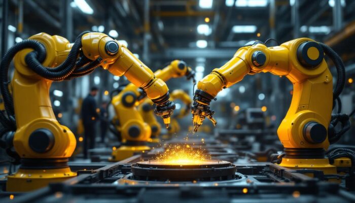 A photograph of a dynamic industrial setting featuring advanced robotic arms in action