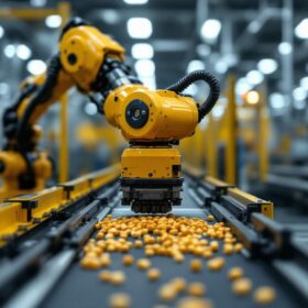 A photograph of a robotic arm efficiently loading materials onto a conveyor belt in a modern industrial setting