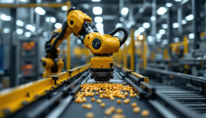 A photograph of a robotic arm efficiently loading materials onto a conveyor belt in a modern industrial setting
