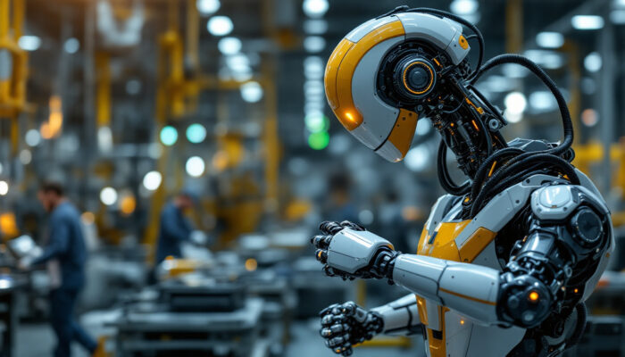 A photograph of a sleek industrial robot in action on a factory floor
