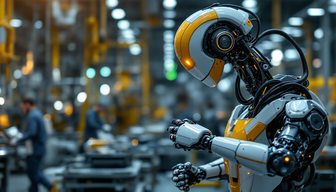 A photograph of a sleek industrial robot in action on a factory floor