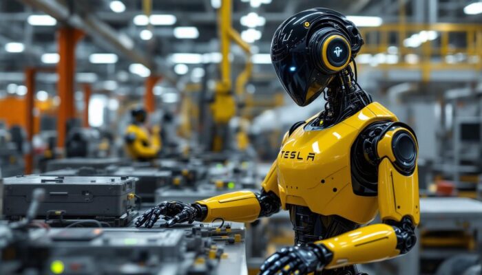 A photograph of a sleek tesla robot in an industrial setting