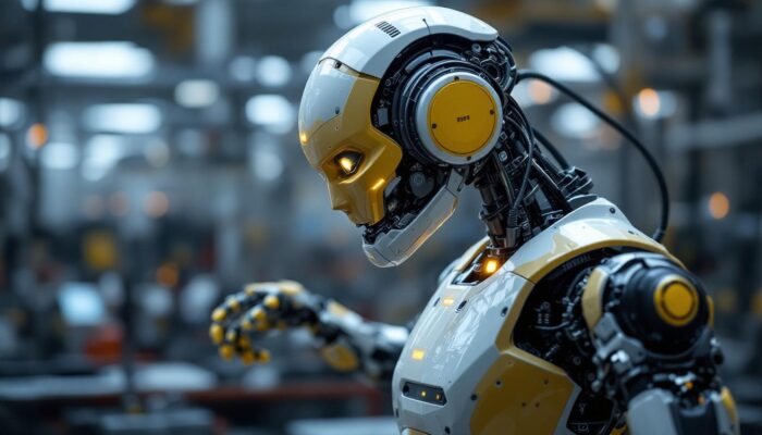 A photograph of a sleek industrial robot with a highly articulated jaw in action