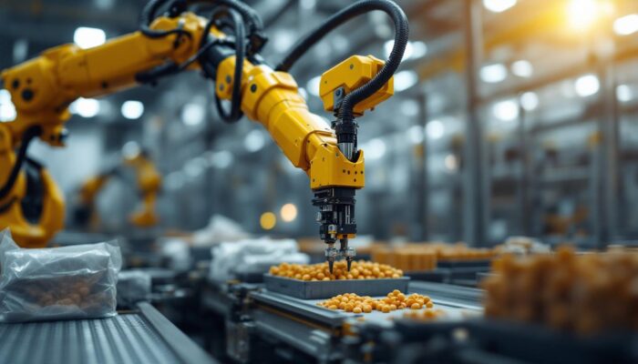 A photograph of a high-tech industrial robotic arm in action