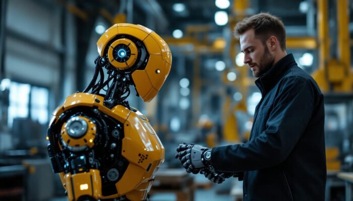 A photograph of a collaborative robot (cobot) working alongside a human in an industrial setting