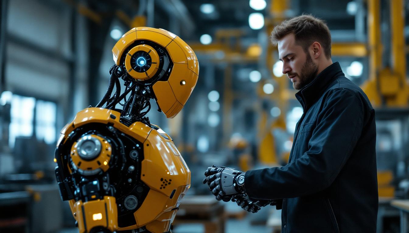 A photograph of a collaborative robot (cobot) working alongside a human in an industrial setting