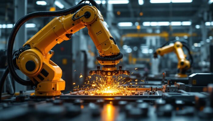 A photograph of a scara robot in action within an industrial setting