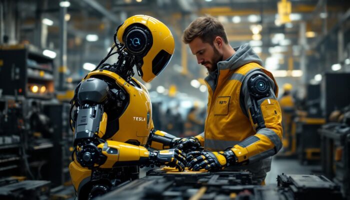 A photograph of a tesla bot in a dynamic industrial setting