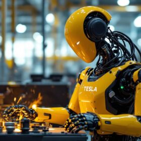 A photograph of capture a photograph of the tesla robot in an industrial setting