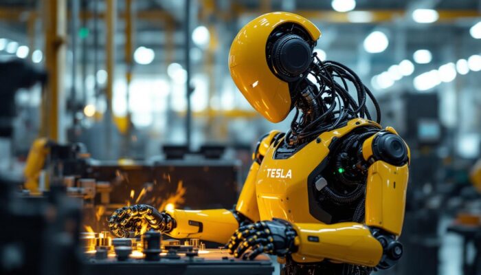A photograph of capture a photograph of the tesla robot in an industrial setting