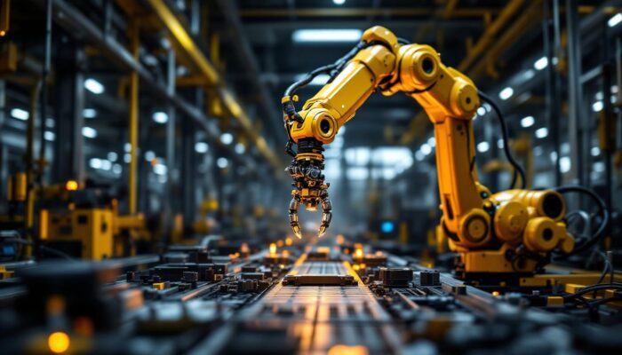 A photograph of a sleek industrial robotic arm in action within a modern manufacturing environment