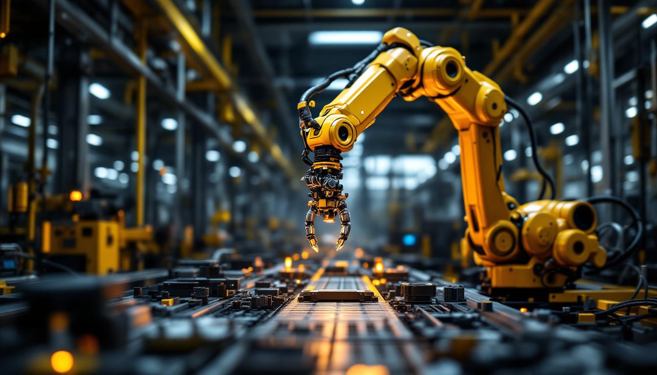A photograph of a sleek industrial robotic arm in action within a modern manufacturing environment