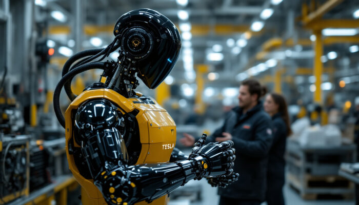 A photograph of a sleek tesla robot in an industrial setting