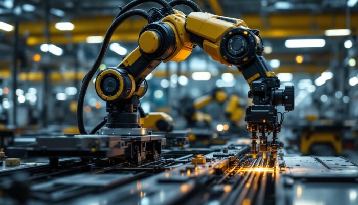 A photograph of a sleek industrial robot in action within a modern manufacturing facility