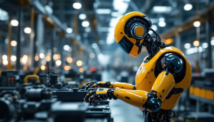 A photograph of a sleek industrial robot in action on a factory floor