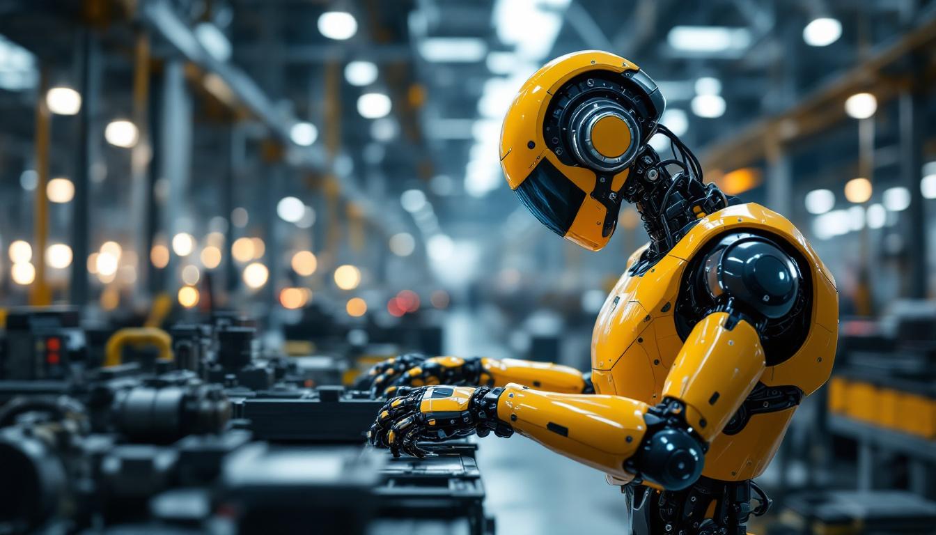 A photograph of a sleek industrial robot in action on a factory floor