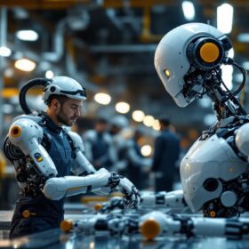 A photograph of a modern industrial robot in action on a factory floor