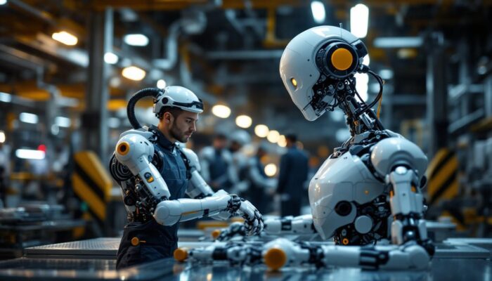A photograph of a modern industrial robot in action on a factory floor