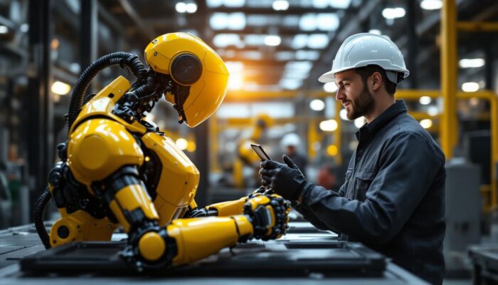 A photograph of a collaborative robot (cobot) in action alongside a human worker in an industrial setting