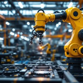A photograph of a sleek industrial robotic arm in action