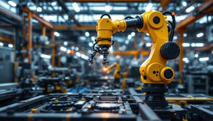 A photograph of a sleek industrial robotic arm in action