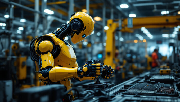A photograph of a modern industrial robot in action within a manufacturing setting