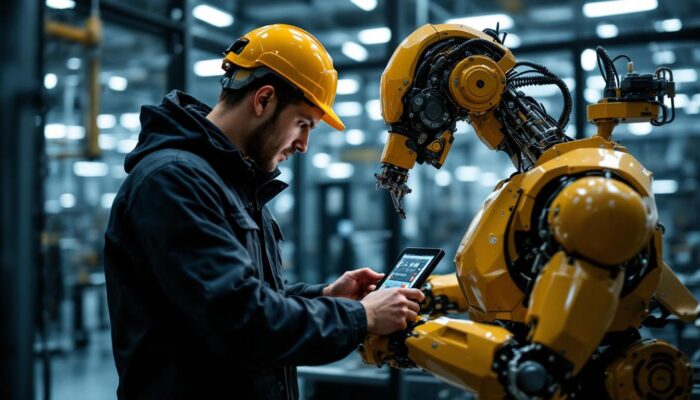 A photograph of a skilled technician programming or adjusting a sophisticated industrial robot in a modern manufacturing setting