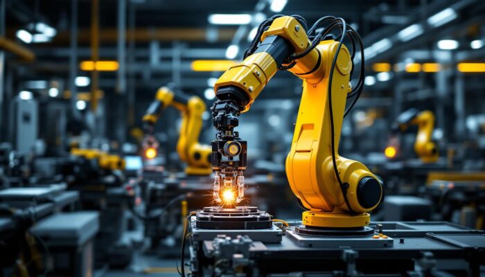 A photograph of a modern industrial robotic arm in action within a manufacturing setting