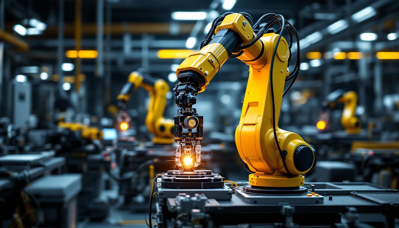 A photograph of a modern industrial robotic arm in action within a manufacturing setting