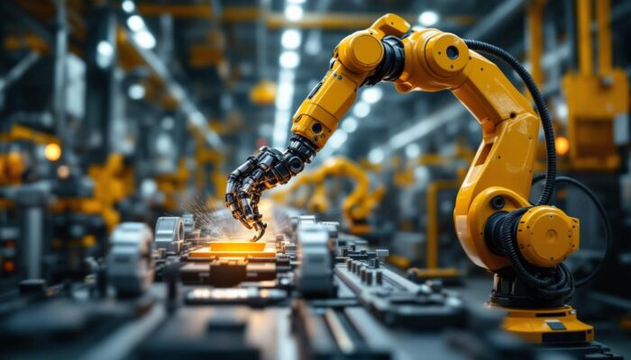 A photograph of a dynamic industrial setting featuring a robotic arm in action