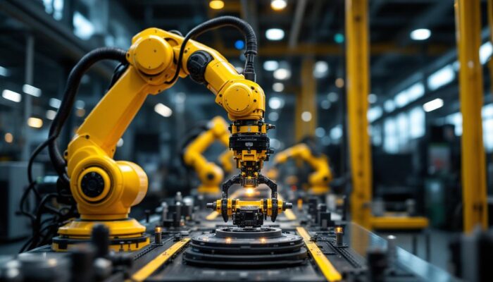 A photograph of a robotic arm in action within a modern industrial setting