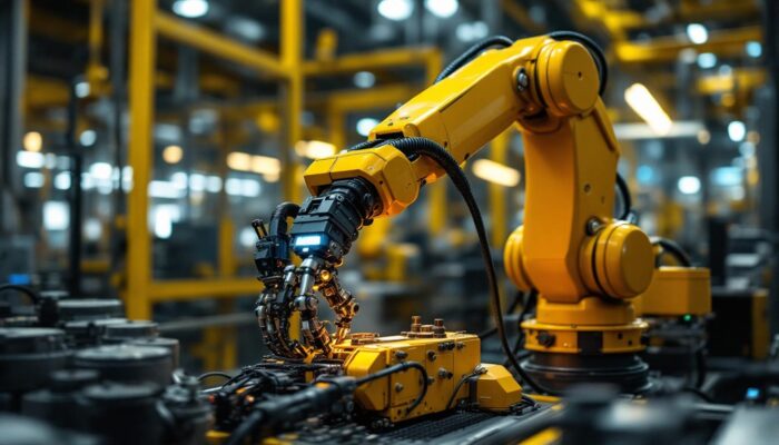 A photograph of a robotic arm in action within an industrial setting