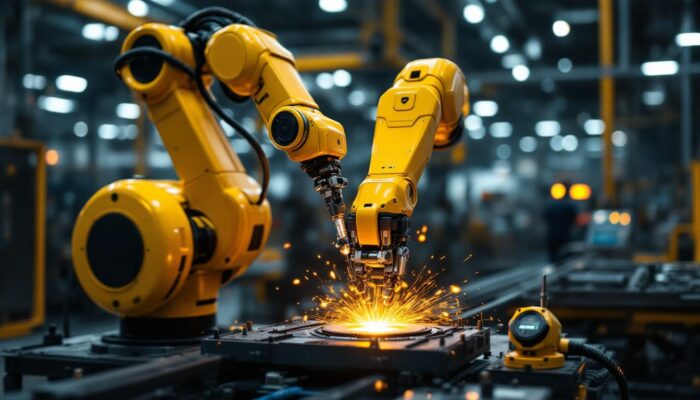 A photograph of a sleek cobot robot arm in action