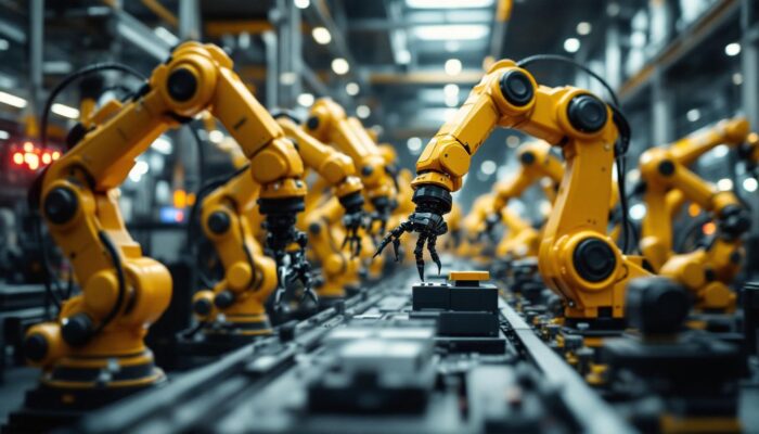 A photograph of a dynamic industrial setting showcasing a variety of robotic arms in action