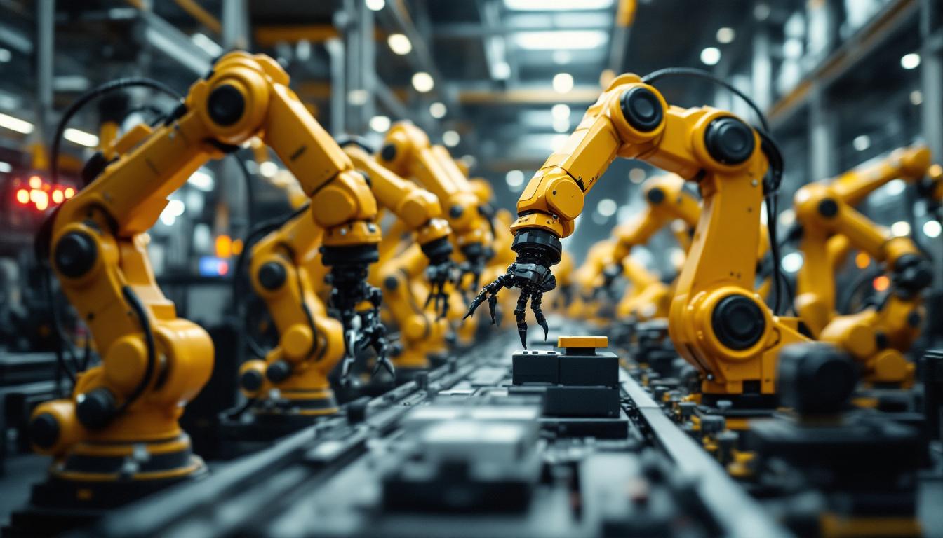 A photograph of a dynamic industrial setting showcasing a variety of robotic arms in action