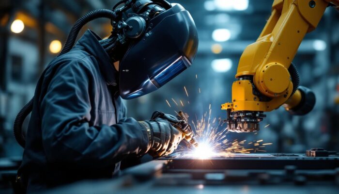 A photograph of a skilled welder operating a robotic arm in a modern industrial setting