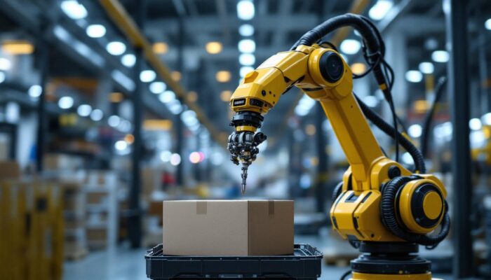 A photograph of a sleek industrial robotic arm in action within a modern logistics facility