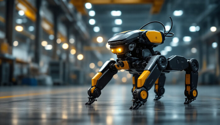 A photograph of a quadrupedal robot in an industrial setting