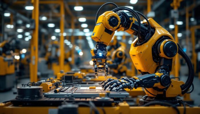 A photograph of a state-of-the-art industrial robot in action on a factory floor