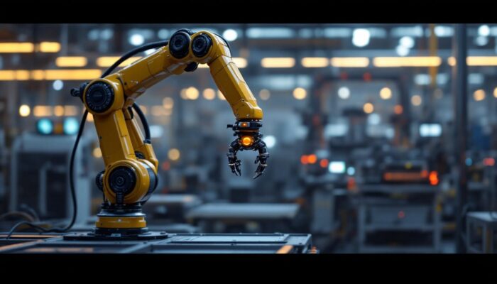 A photograph of a sleek industrial robotic arm in action