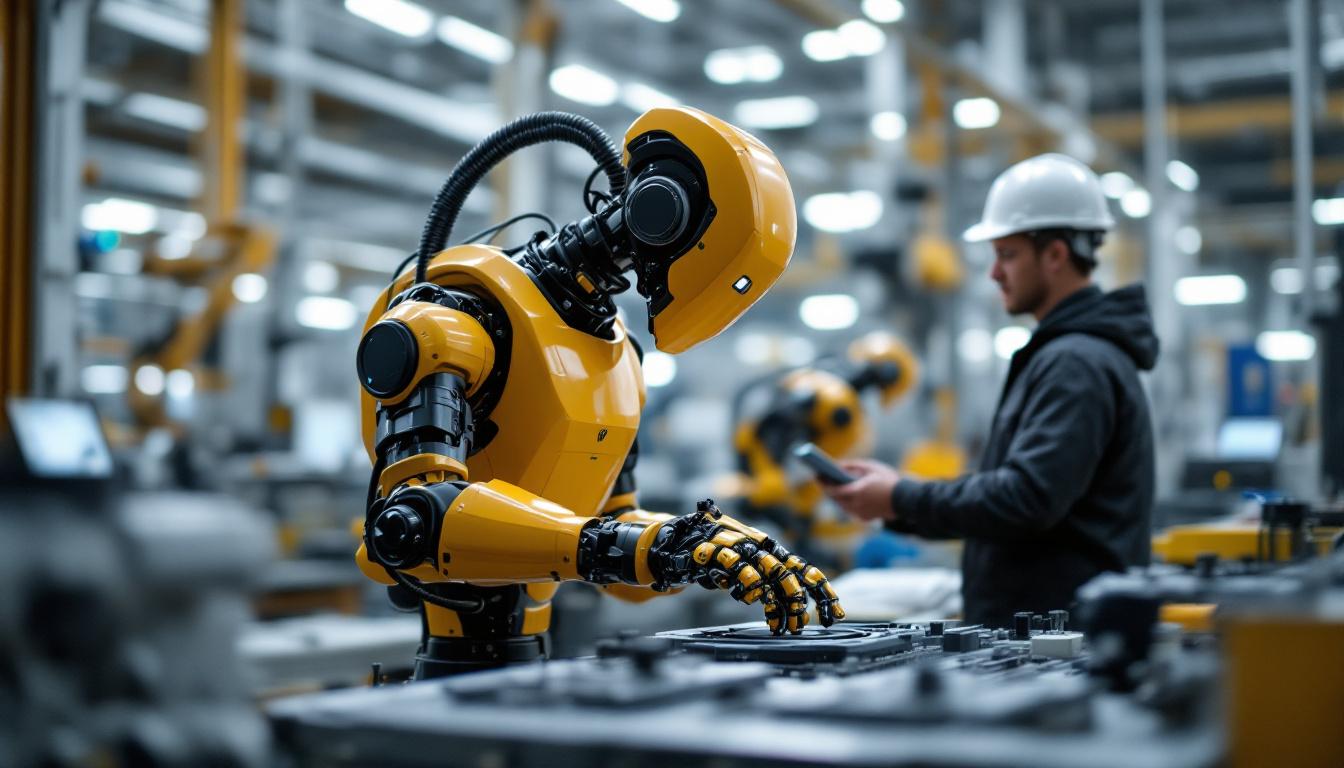 A photograph of a collaborative industrial robot working alongside human operators in a modern manufacturing setting