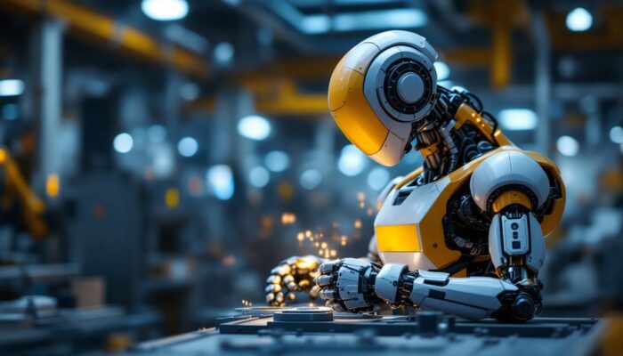 A photograph of a sleek industrial robot in action