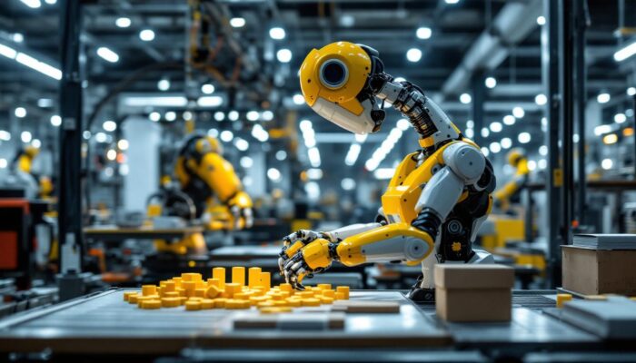 A photograph of a sleek industrial robot in action on a factory floor