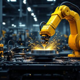 A photograph of a modern industrial workspace showcasing a robotic arm actively engaged in precision machining