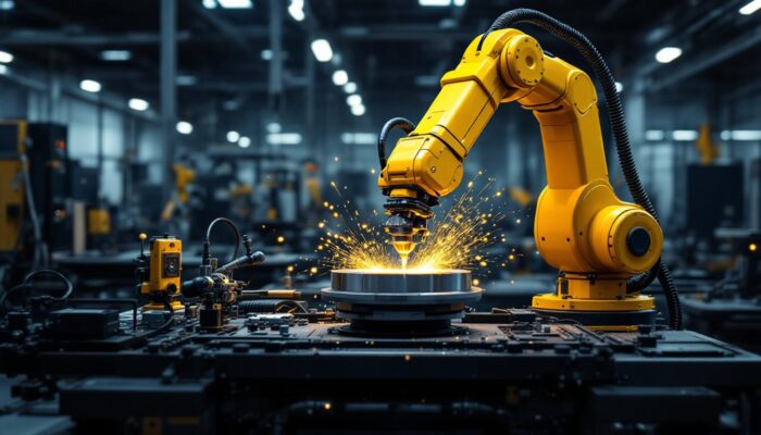 A photograph of a modern industrial workspace showcasing a robotic arm actively engaged in precision machining
