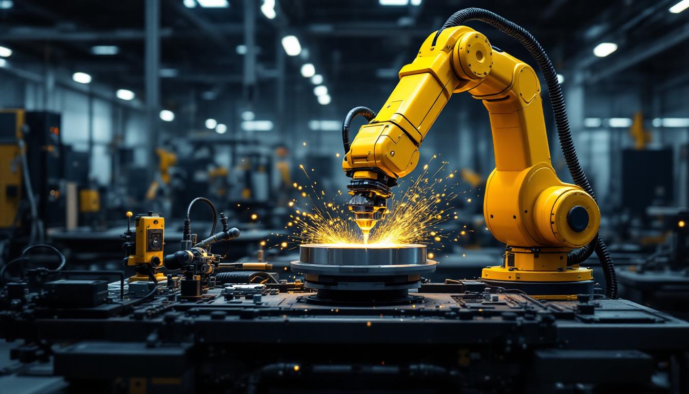 A photograph of a modern industrial workspace showcasing a robotic arm actively engaged in precision machining