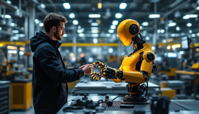 A photograph of a sleek industrial workspace featuring a collaborative robot (cobot) interacting seamlessly with human workers