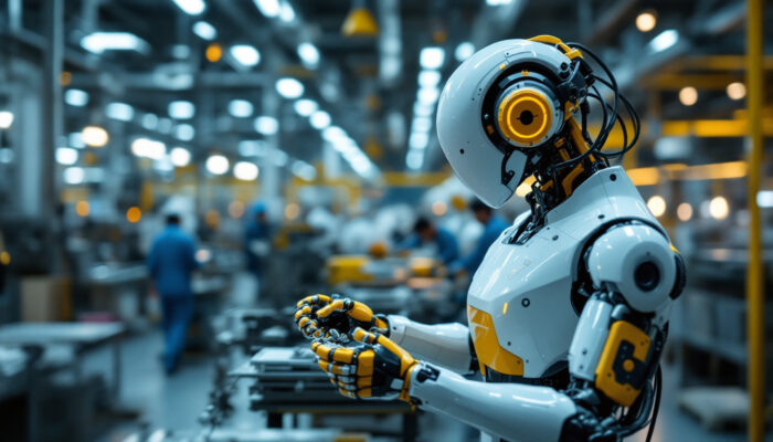 A photograph of a sleek industrial robot in action within a high-tech japanese manufacturing facility