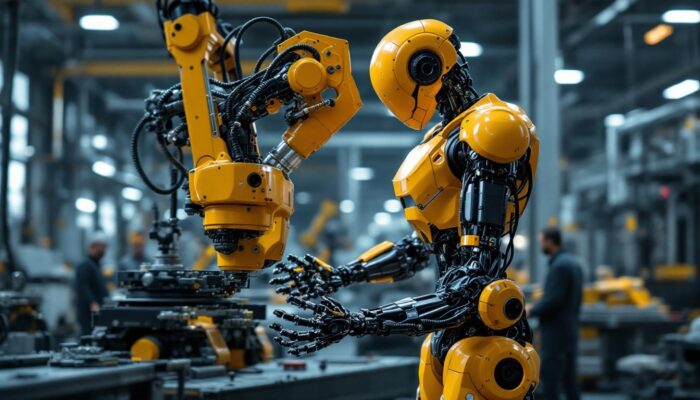 A photograph of a joint robot in action within an industrial setting